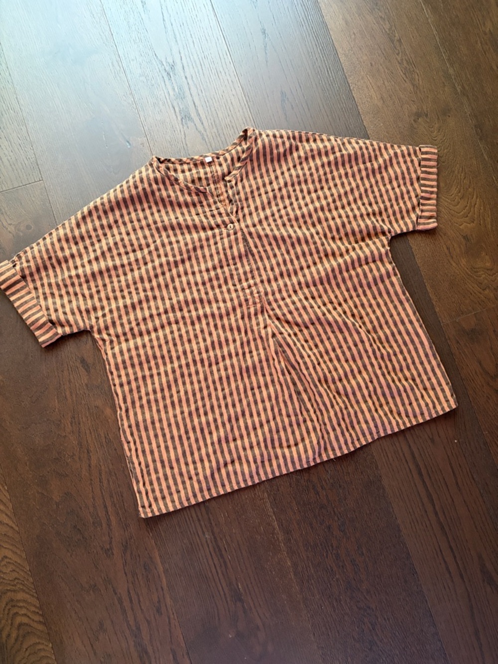 Striped Short-Sleeve Button Henley Top - Chocolate Brown and Black